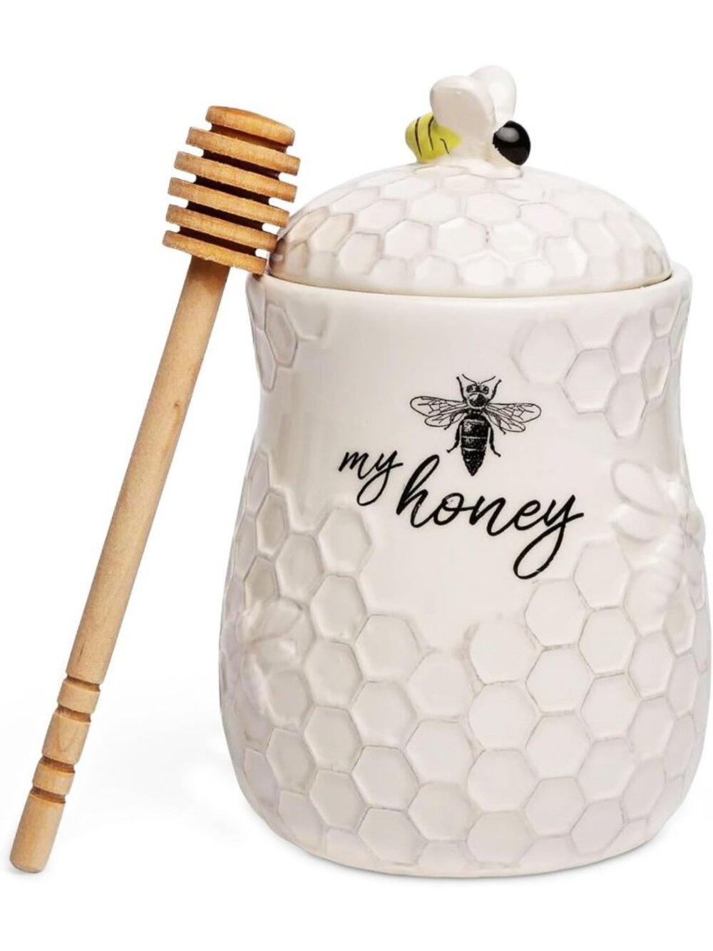 Ceramic Honey Jar with Lid & Wooden Dipper - Farmhouse Kitchen Decor, Tea